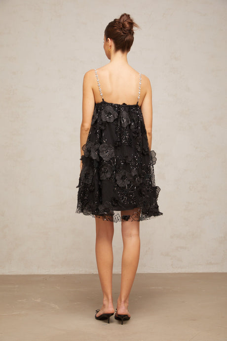 Aurohaya Suzette crystal-embellished floral mini dress in Black