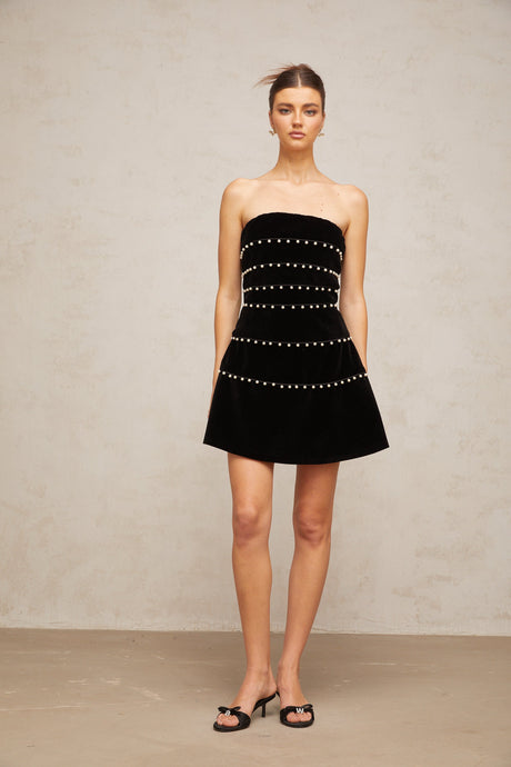 Aurohaya Camille black faux-pearl velvet mini dress