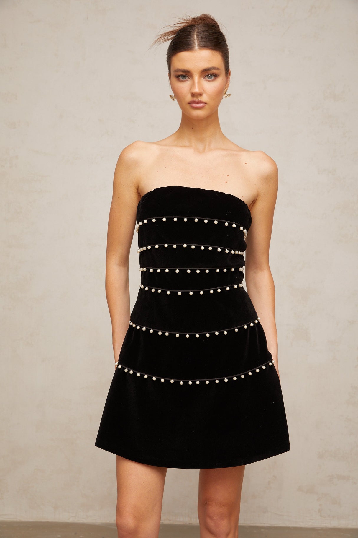 Aurohaya Camille black faux-pearl velvet mini dress