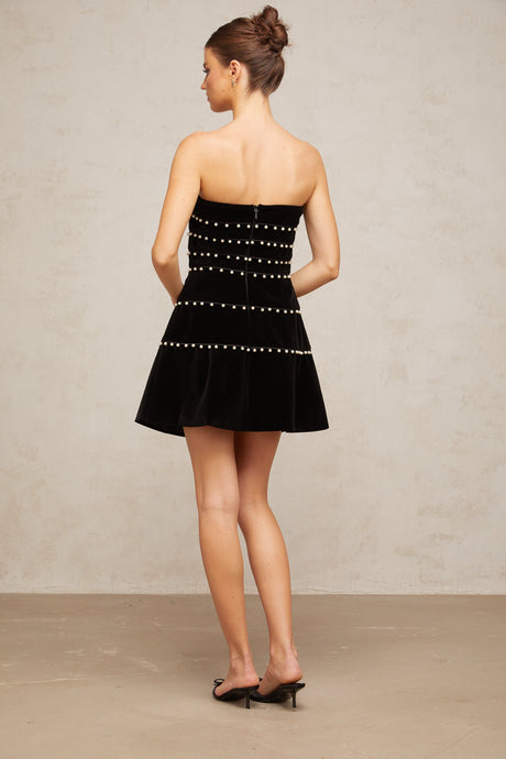 Aurohaya Camille black faux-pearl velvet mini dress