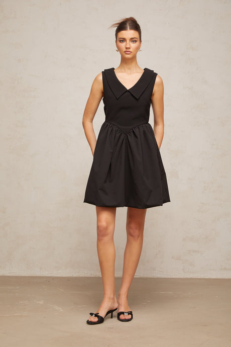 Aurohaya Sandrine black lapel puff mini dress