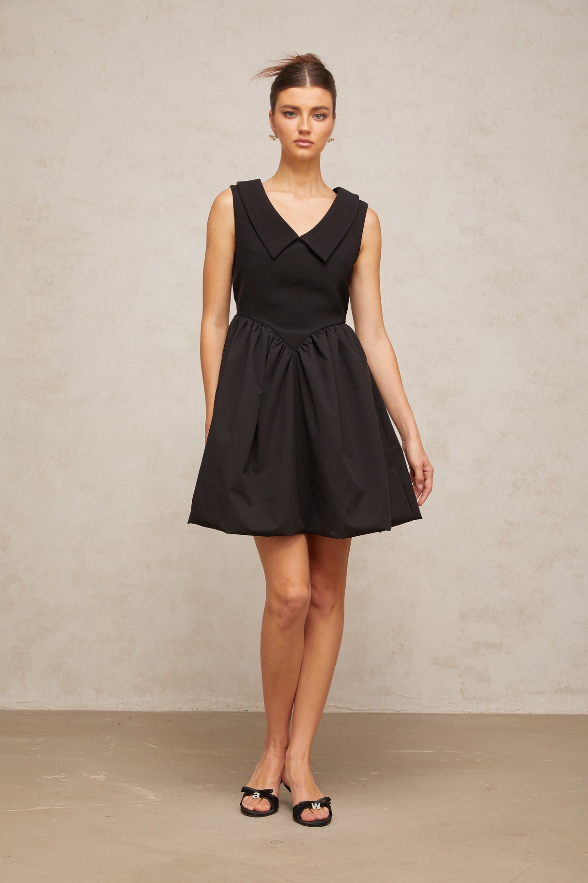 Aurohaya Sandrine black lapel puff mini dress