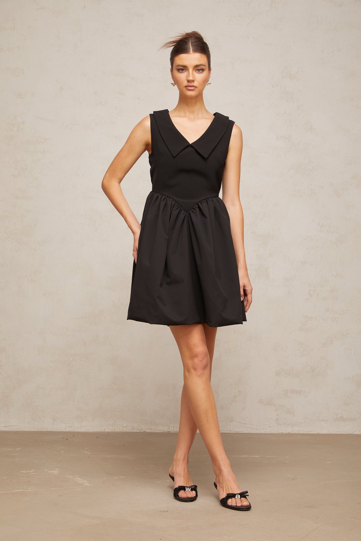 Aurohaya Sandrine black lapel puff mini dress