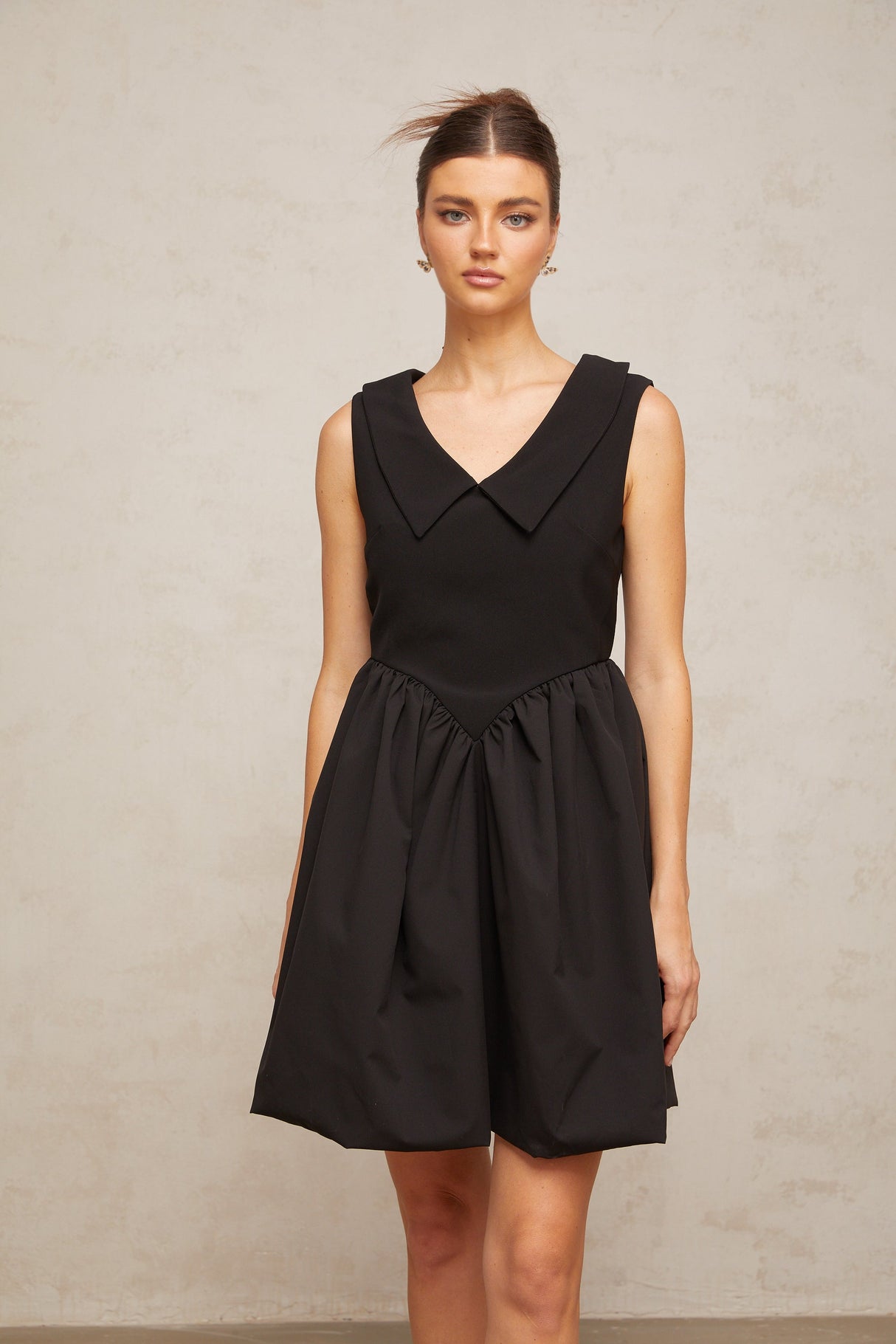 Aurohaya Sandrine black lapel puff mini dress
