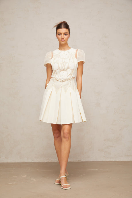 Aurohaya Maelle white flower-embroidered mini dress