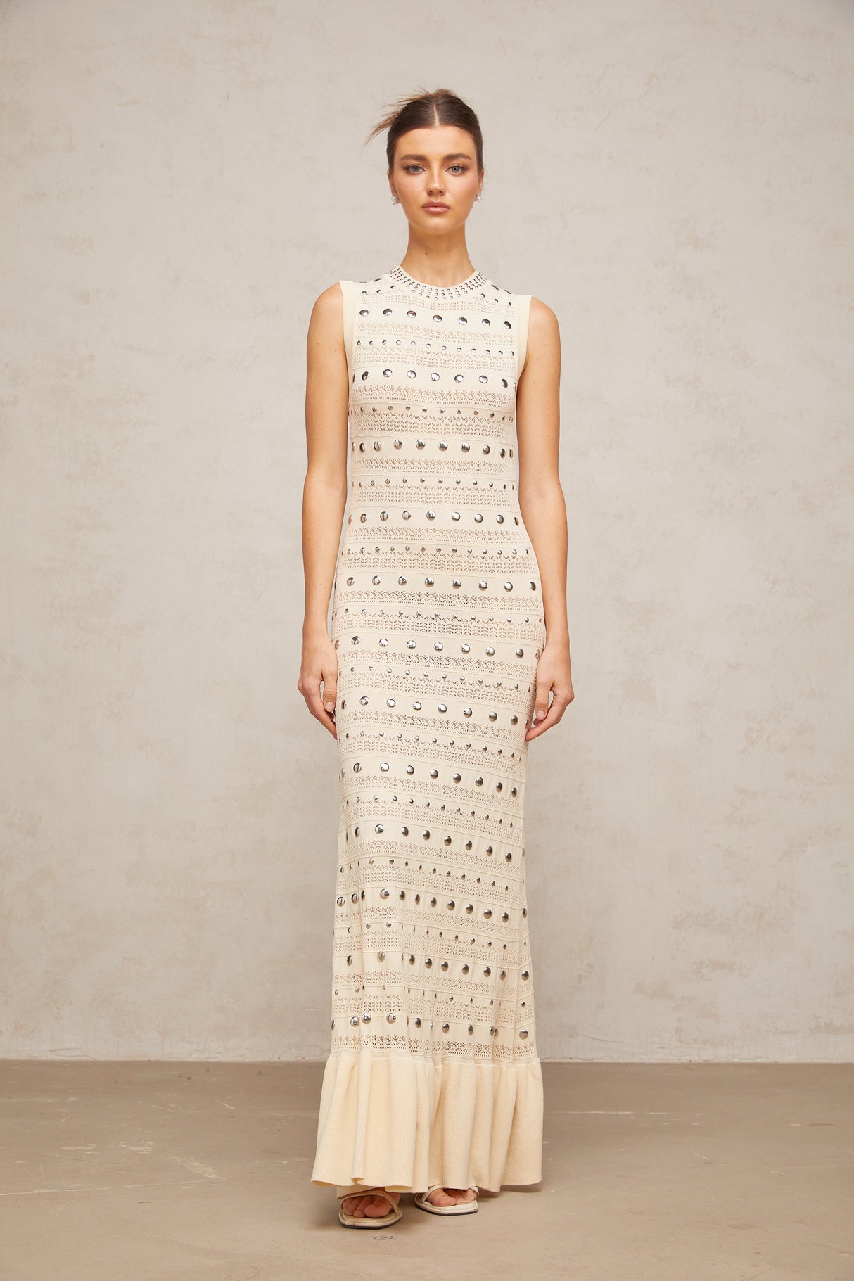 Aurohaya Chloé studded crochet-knit maxi dress in Neutrals
