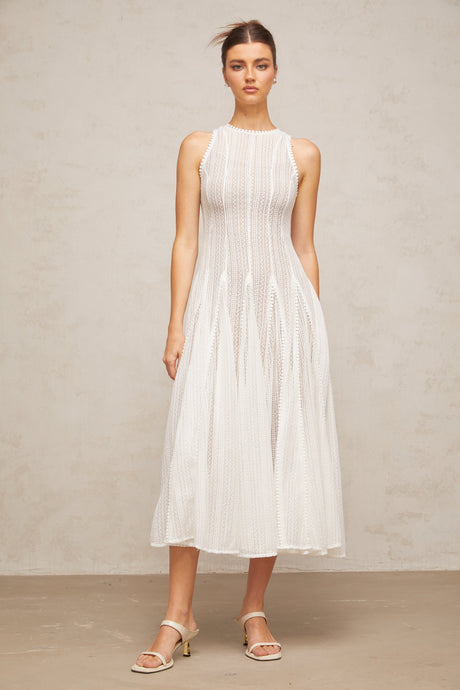 Aurohaya Hélène white pointelle puff midi dress