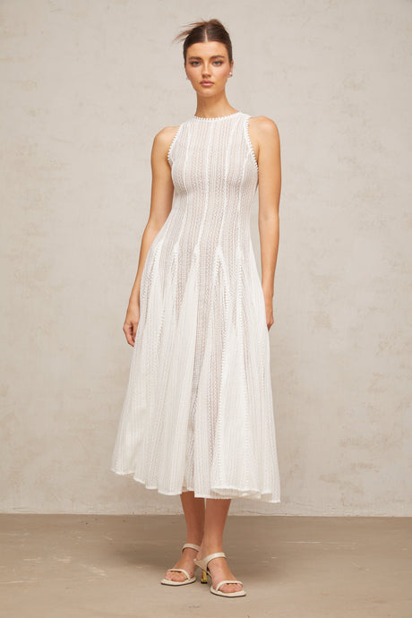 Aurohaya Hélène white pointelle puff midi dress
