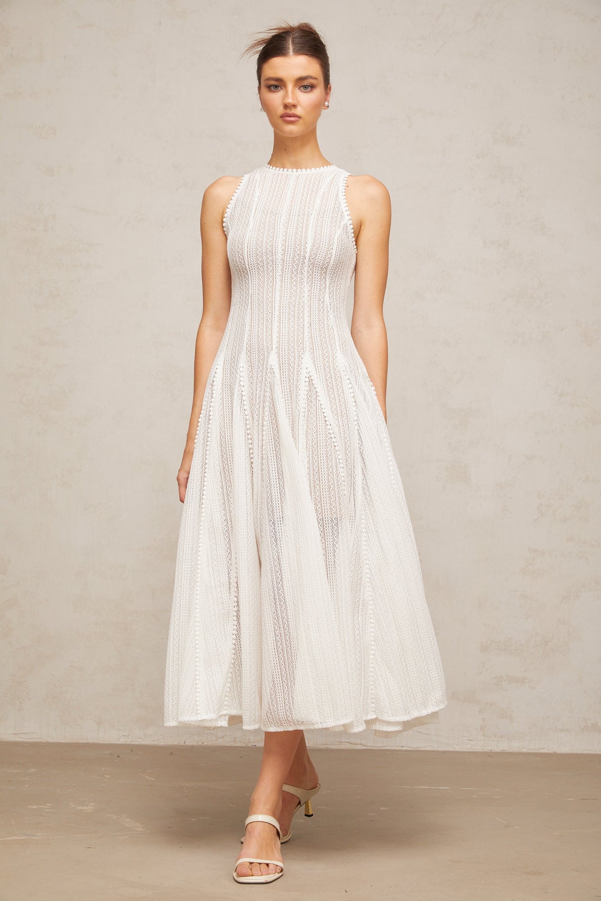 Aurohaya Hélène white pointelle puff midi dress