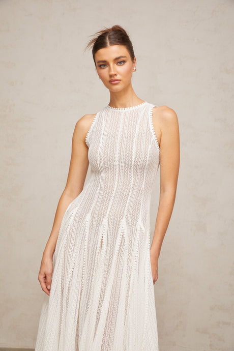 Aurohaya Hélène white pointelle puff midi dress