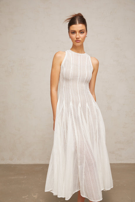 Aurohaya Hélène white pointelle puff midi dress