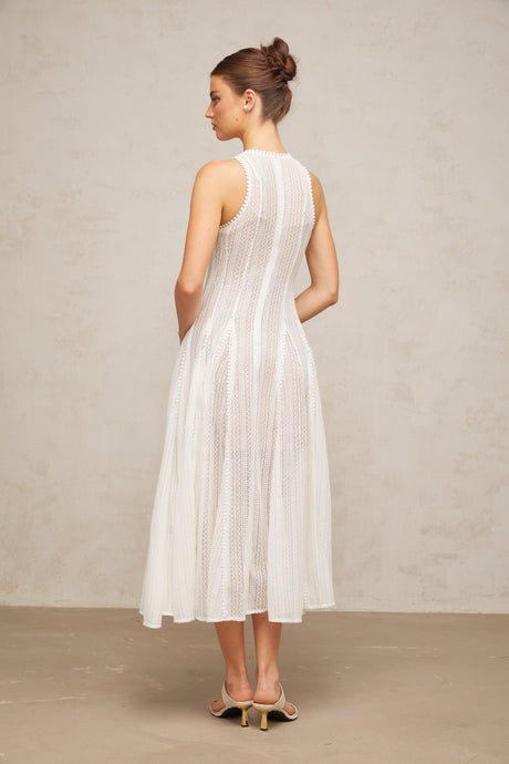 Aurohaya Hélène white pointelle puff midi dress