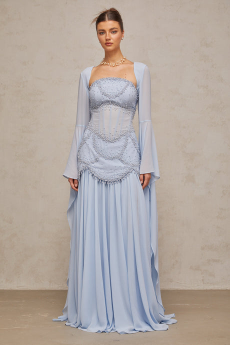 Aurohaya Gaëlle Faux-pearl-embellished Pleated Maxi Dress in Light-blue