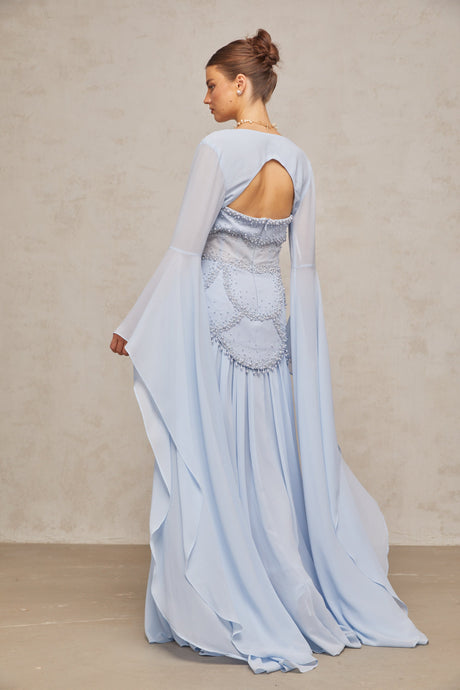 Aurohaya Gaëlle Faux-pearl-embellished Pleated Maxi Dress in Light-blue