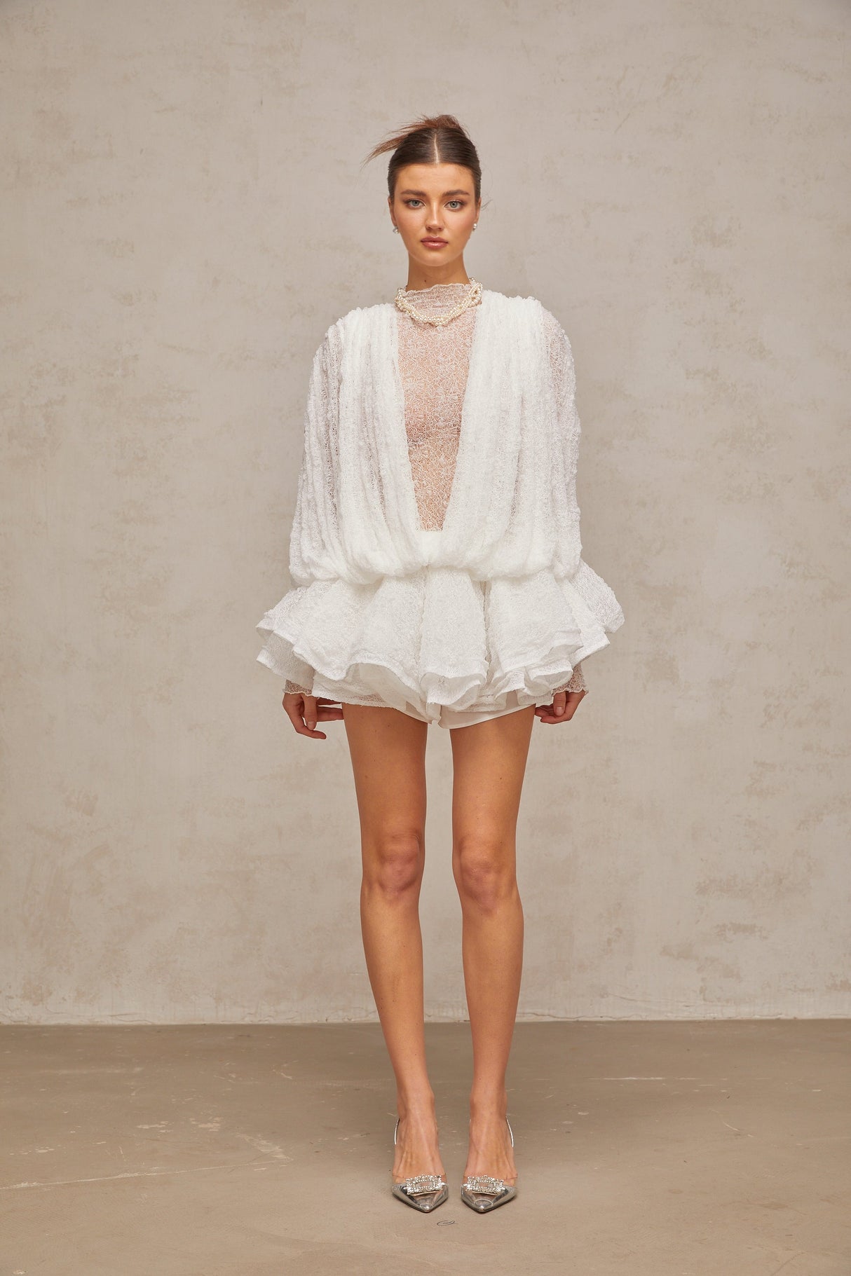 Aurohaya Isoline white semi-sheer lace top & shorts & dress matching set