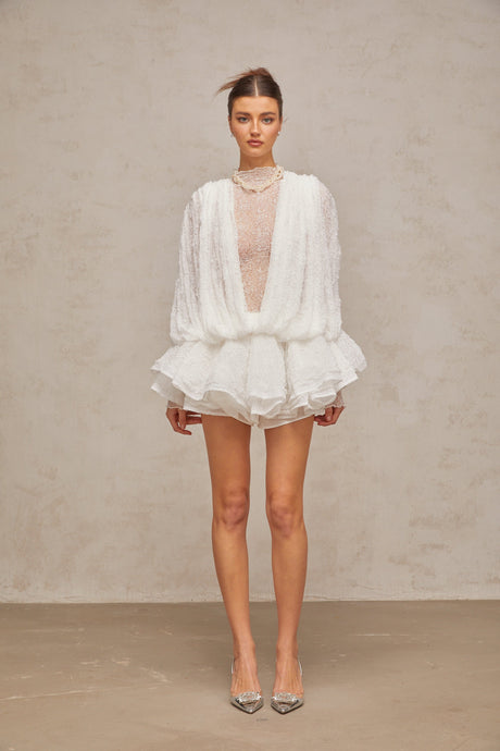 Aurohaya Isoline white semi-sheer lace top & shorts & dress matching set