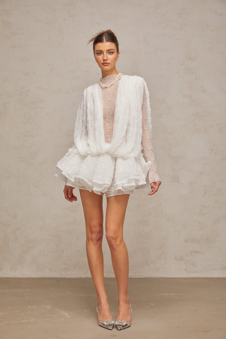 Aurohaya Isoline white semi-sheer lace top & shorts & dress matching set