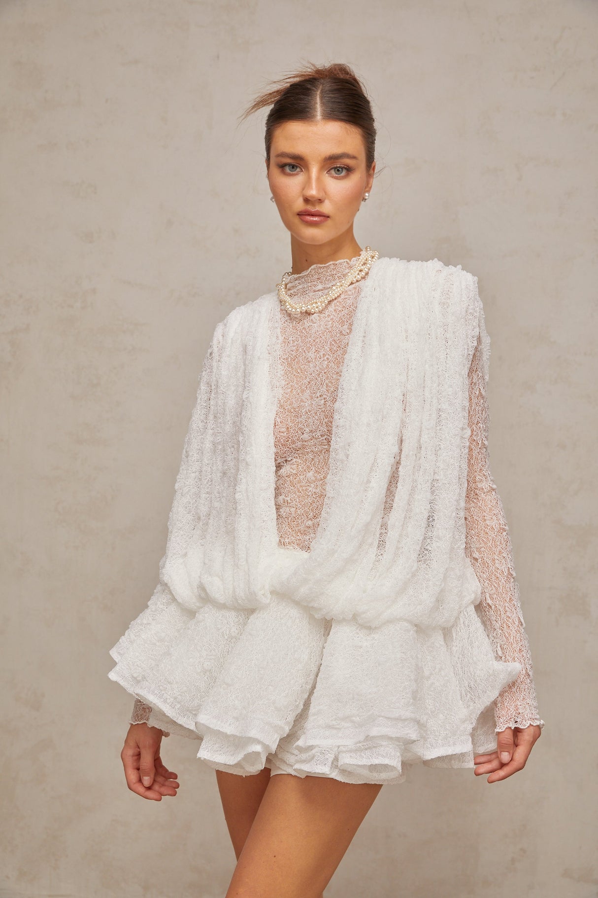 Aurohaya Isoline white semi-sheer lace top & shorts & dress matching set