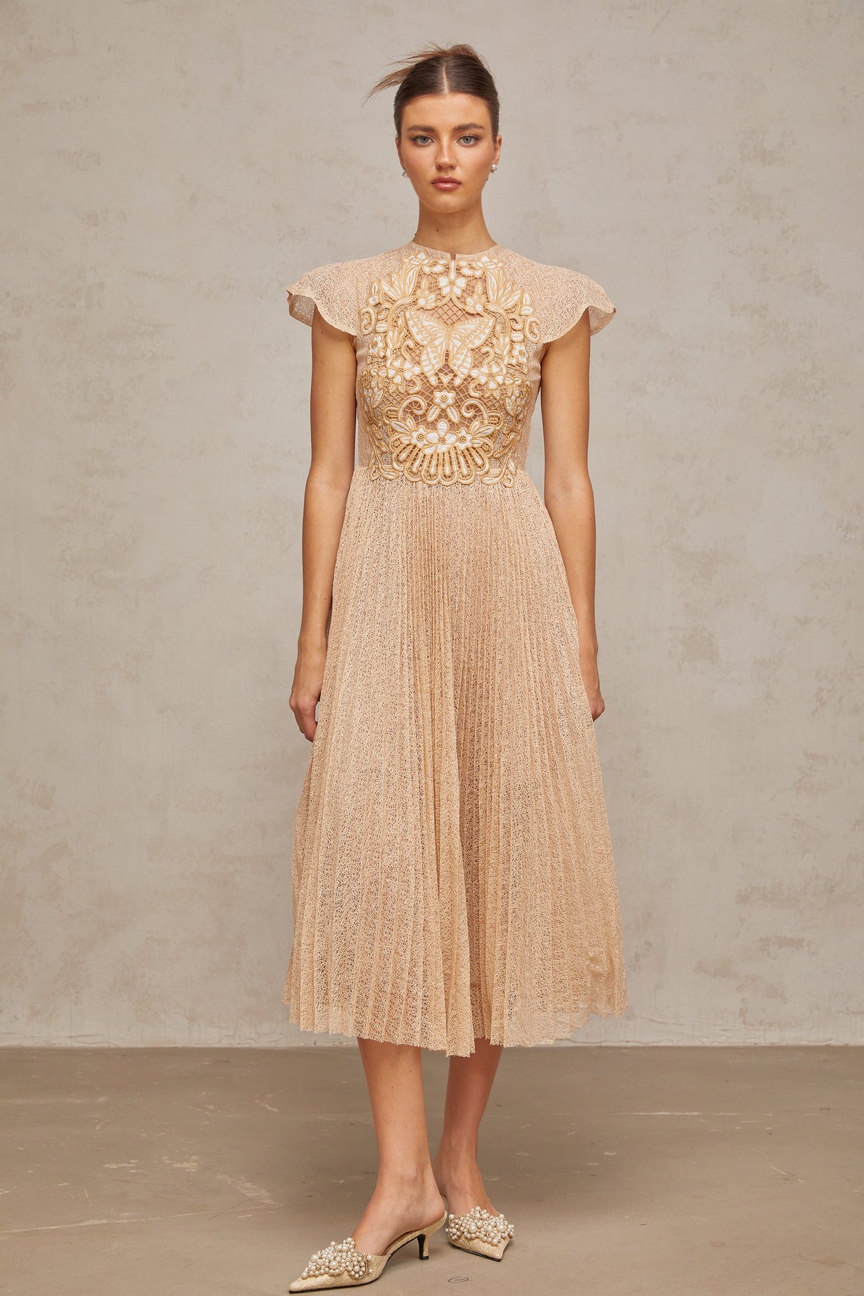Aurohaya Nerissa embroidered pleated midi dress