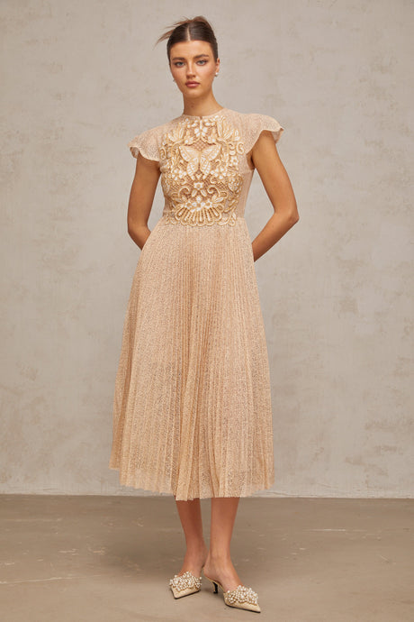 Aurohaya Nerissa embroidered pleated midi dress
