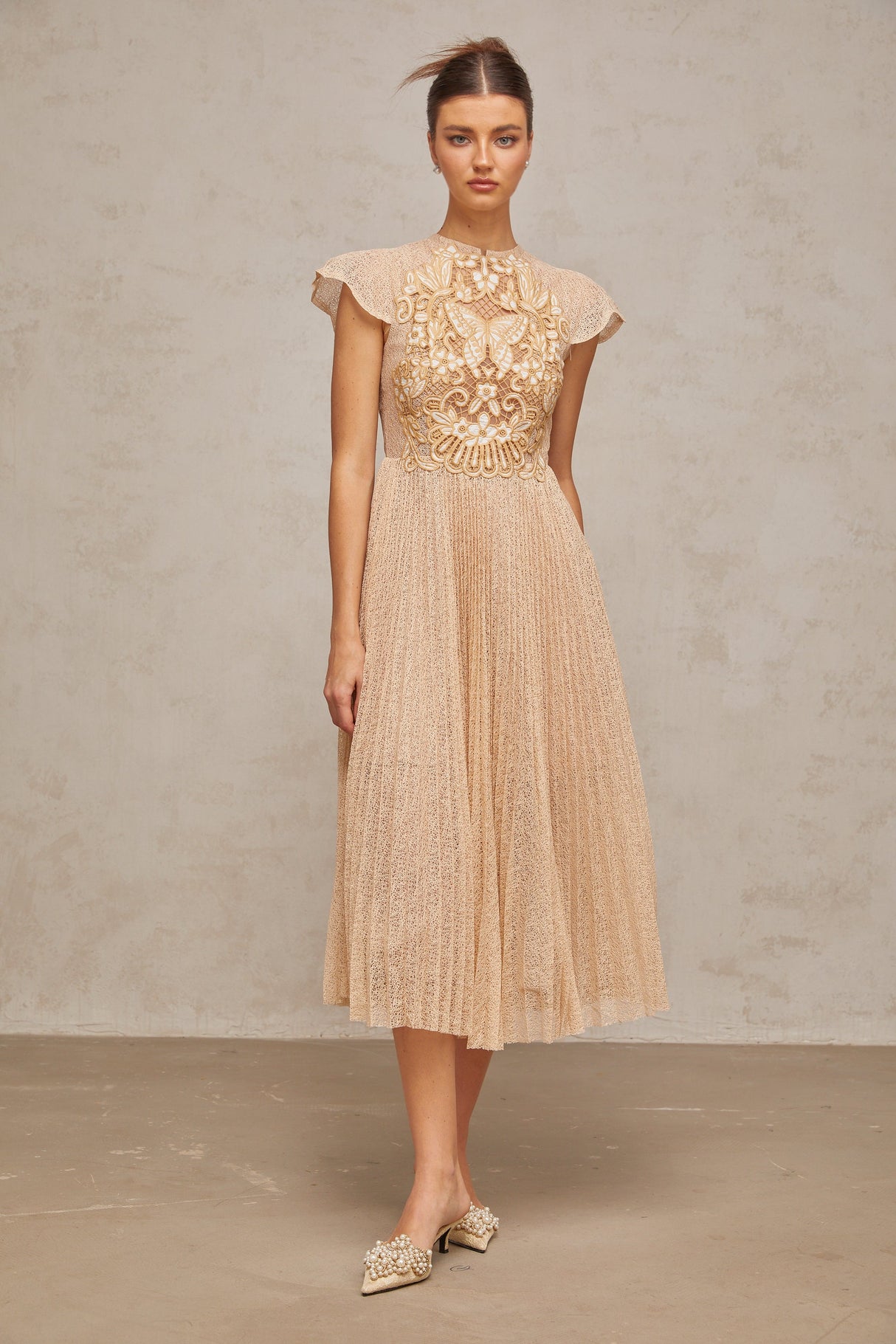 Aurohaya Nerissa embroidered pleated midi dress