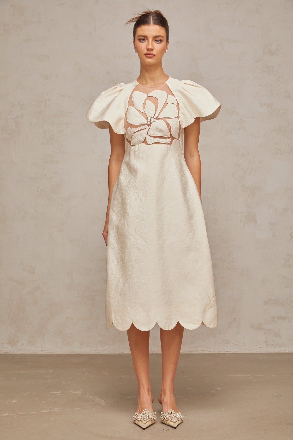 Aurohaya Ségolène white flower jacquard midi dress