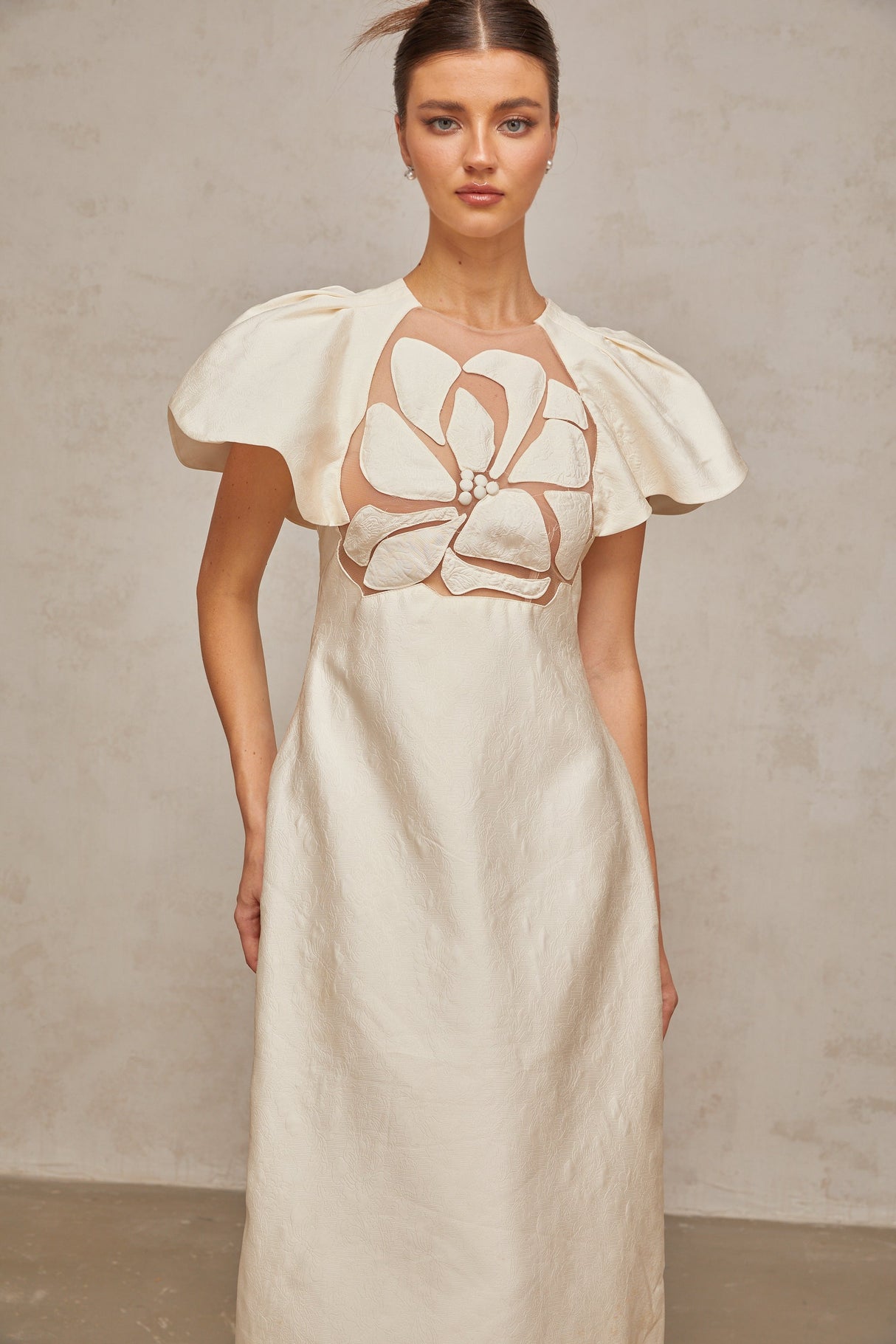 Aurohaya Ségolène white flower jacquard midi dress
