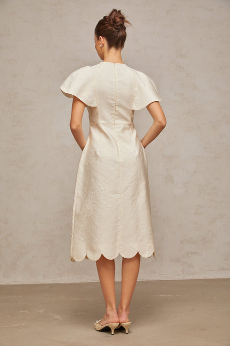 Aurohaya Ségolène white flower jacquard midi dress