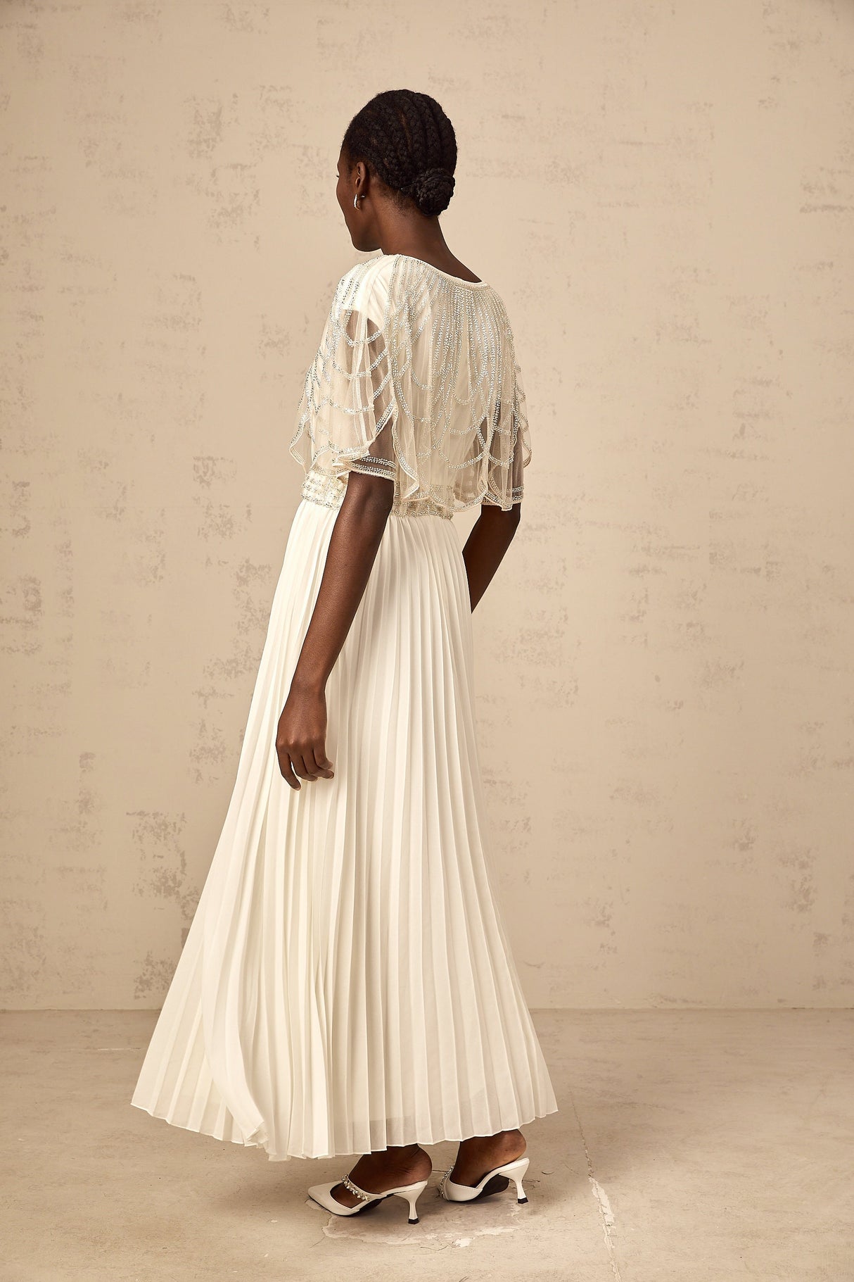 Aurohaya Xénia white crystal-embellished pleated maxi dress