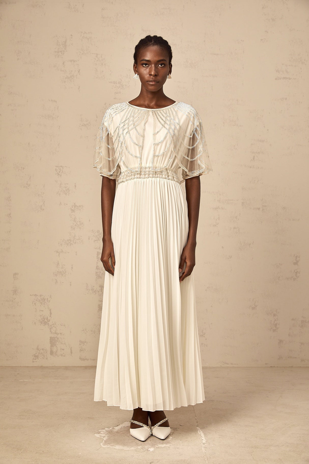 Aurohaya Xénia white crystal-embellished pleated maxi dress