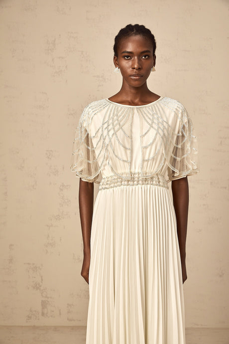 Aurohaya Xénia white crystal-embellished pleated maxi dress