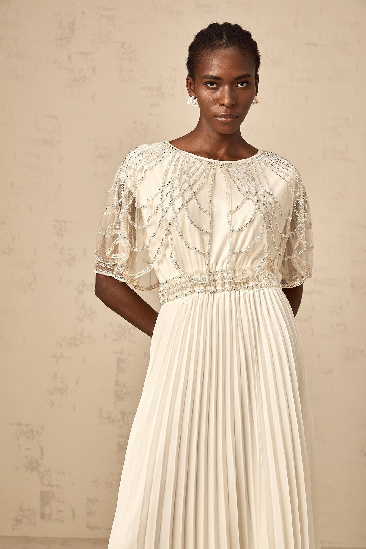 Aurohaya Xénia white crystal-embellished pleated maxi dress