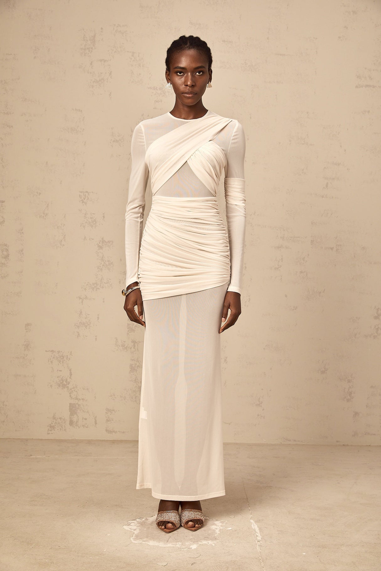 Aurohaya Véronique white ruched tulle maxi dress