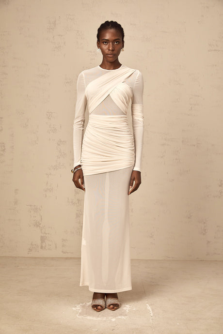 Aurohaya Véronique white ruched tulle maxi dress