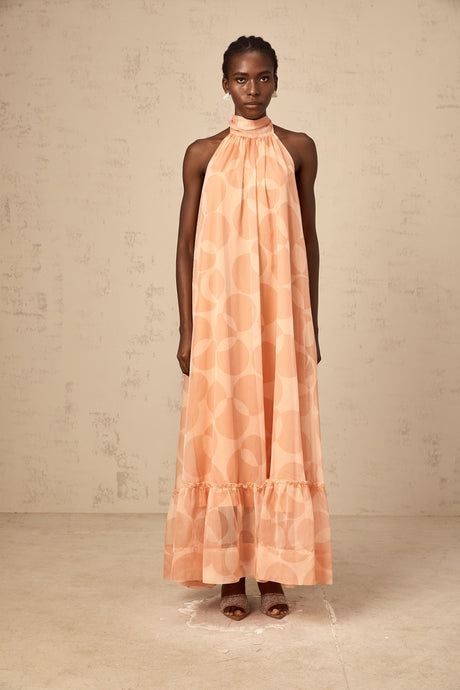 Aurohaya Clémence coral-pink halterneck pattern-print maxi dress