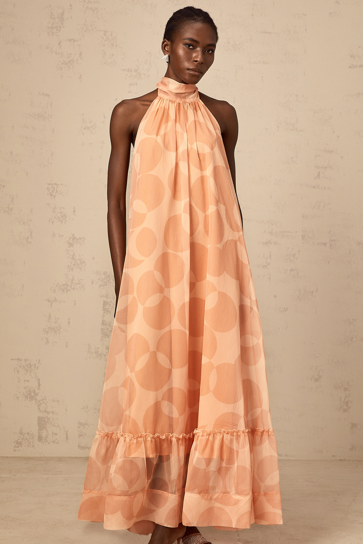 Aurohaya Clémence coral-pink halterneck pattern-print maxi dress