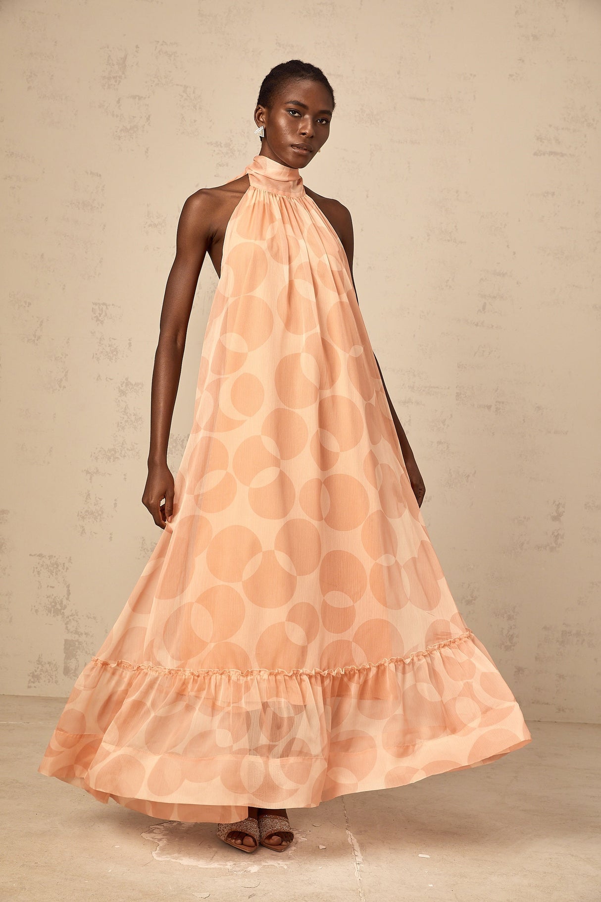Aurohaya Clémence coral-pink halterneck pattern-print maxi dress