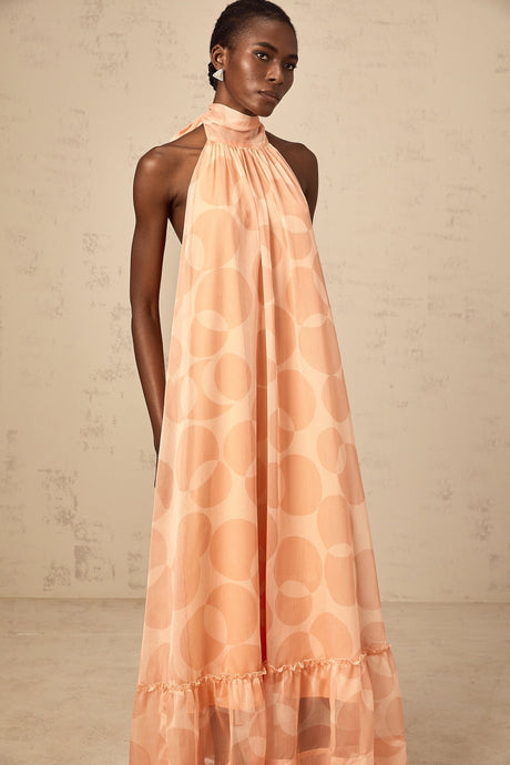 Aurohaya Clémence coral-pink halterneck pattern-print maxi dress
