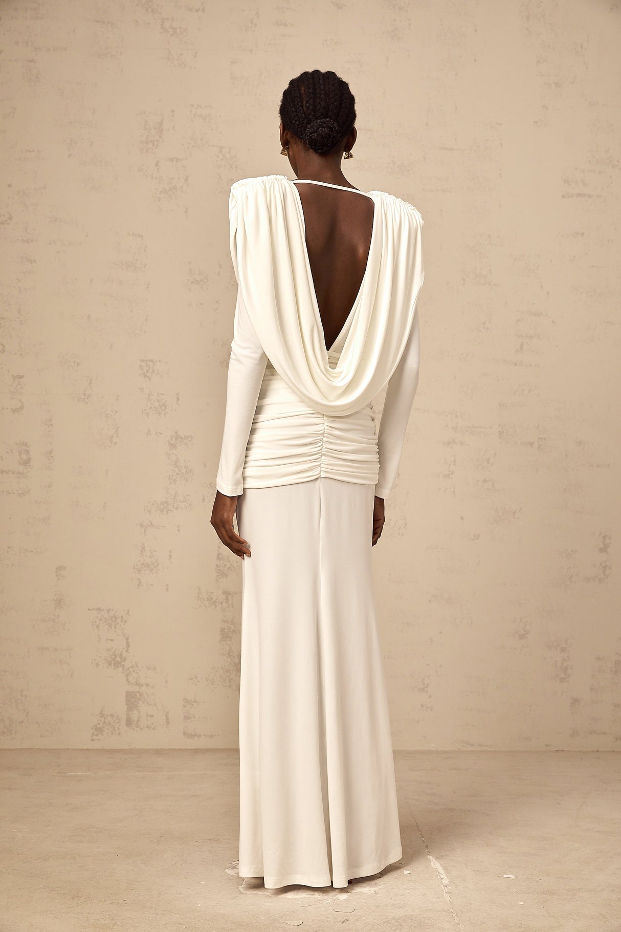 Aurohaya Wanda white ruched fitted maxi dress
