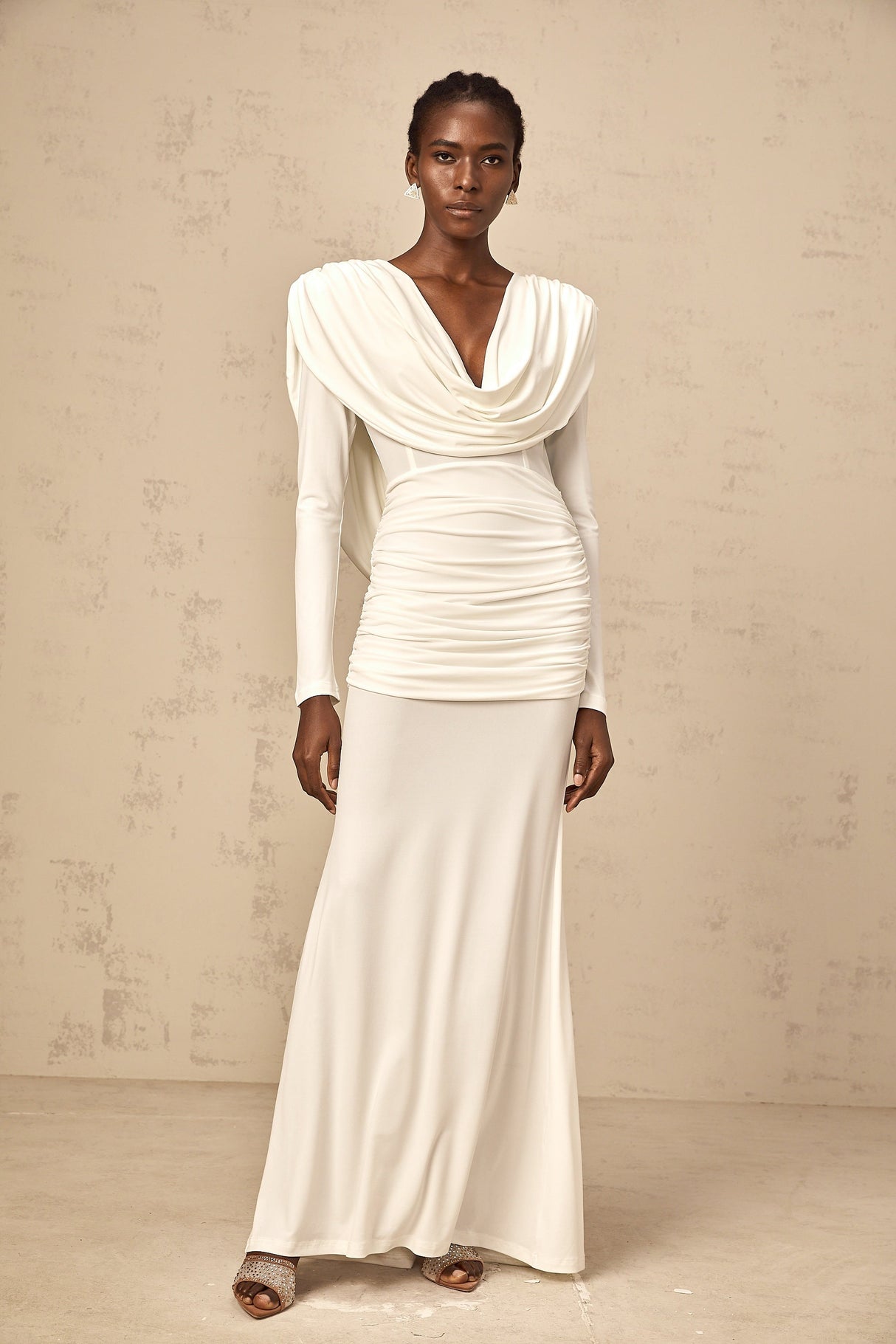 Aurohaya Wanda white ruched fitted maxi dress