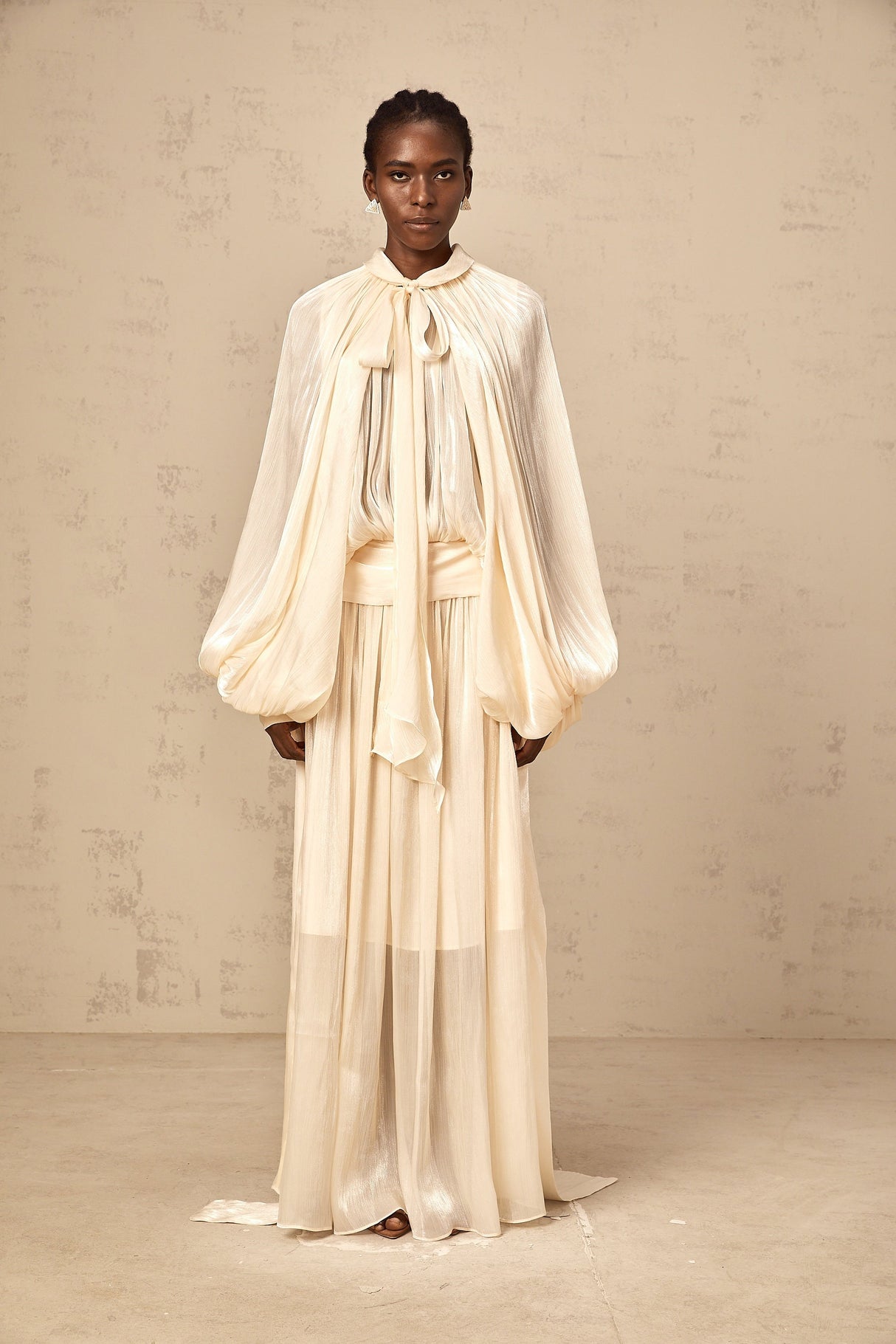 Aurohaya Mila pleated satin maxi dress in Neutrals