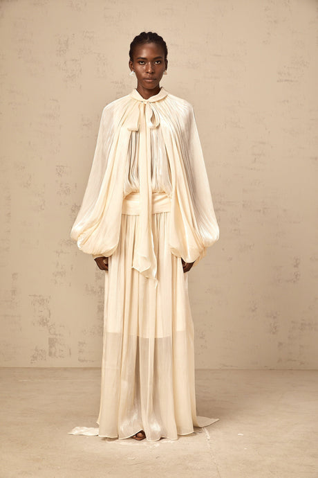 Aurohaya Mila pleated satin maxi dress in Neutrals
