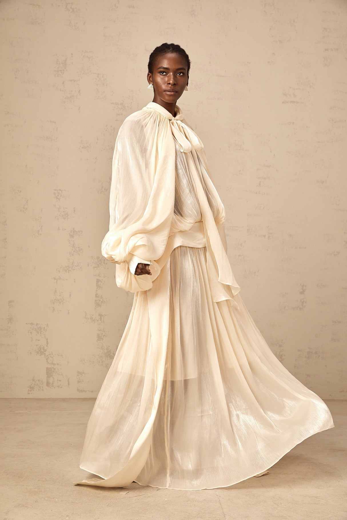 Aurohaya Mila pleated satin maxi dress in Neutrals