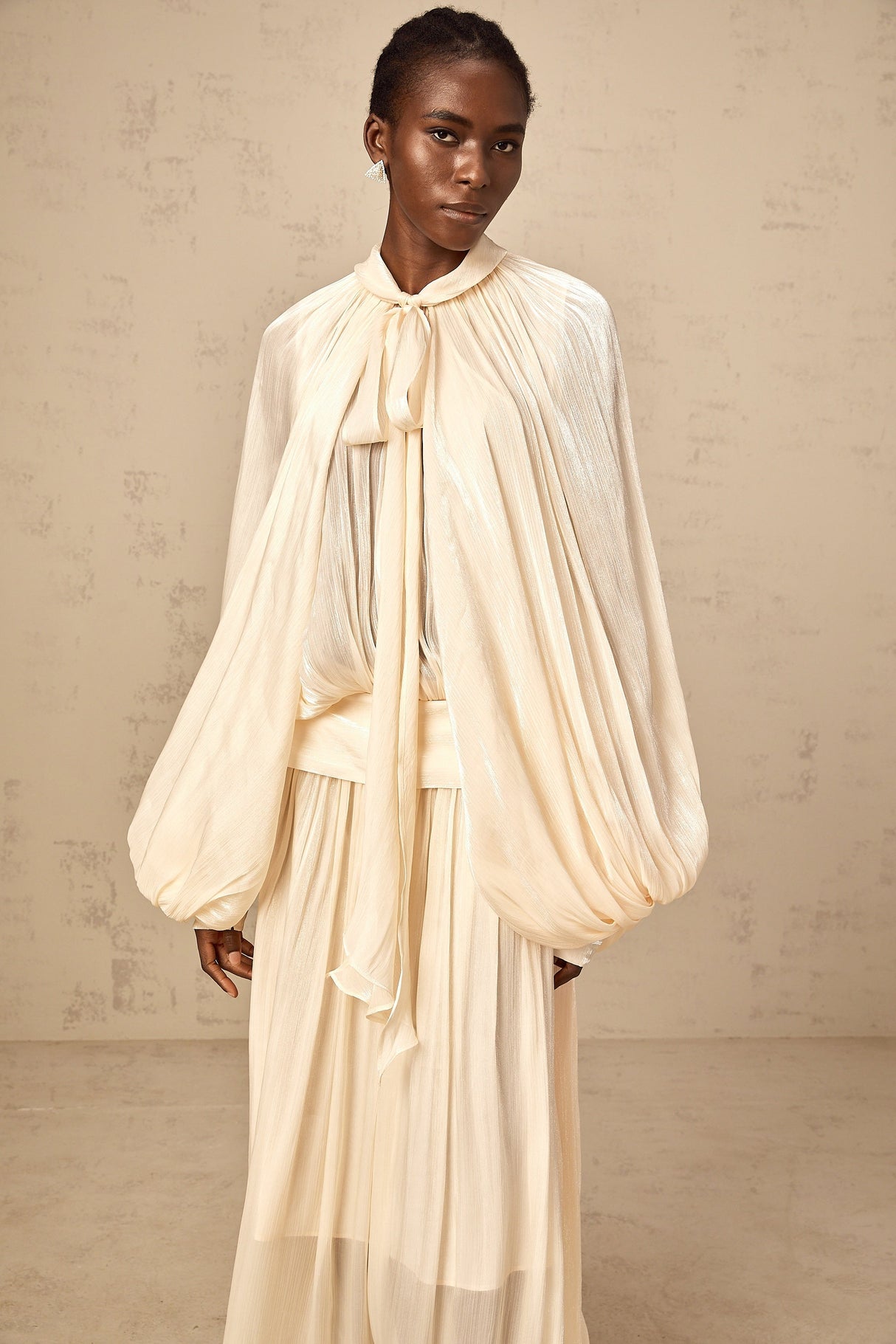Aurohaya Mila pleated satin maxi dress in Neutrals