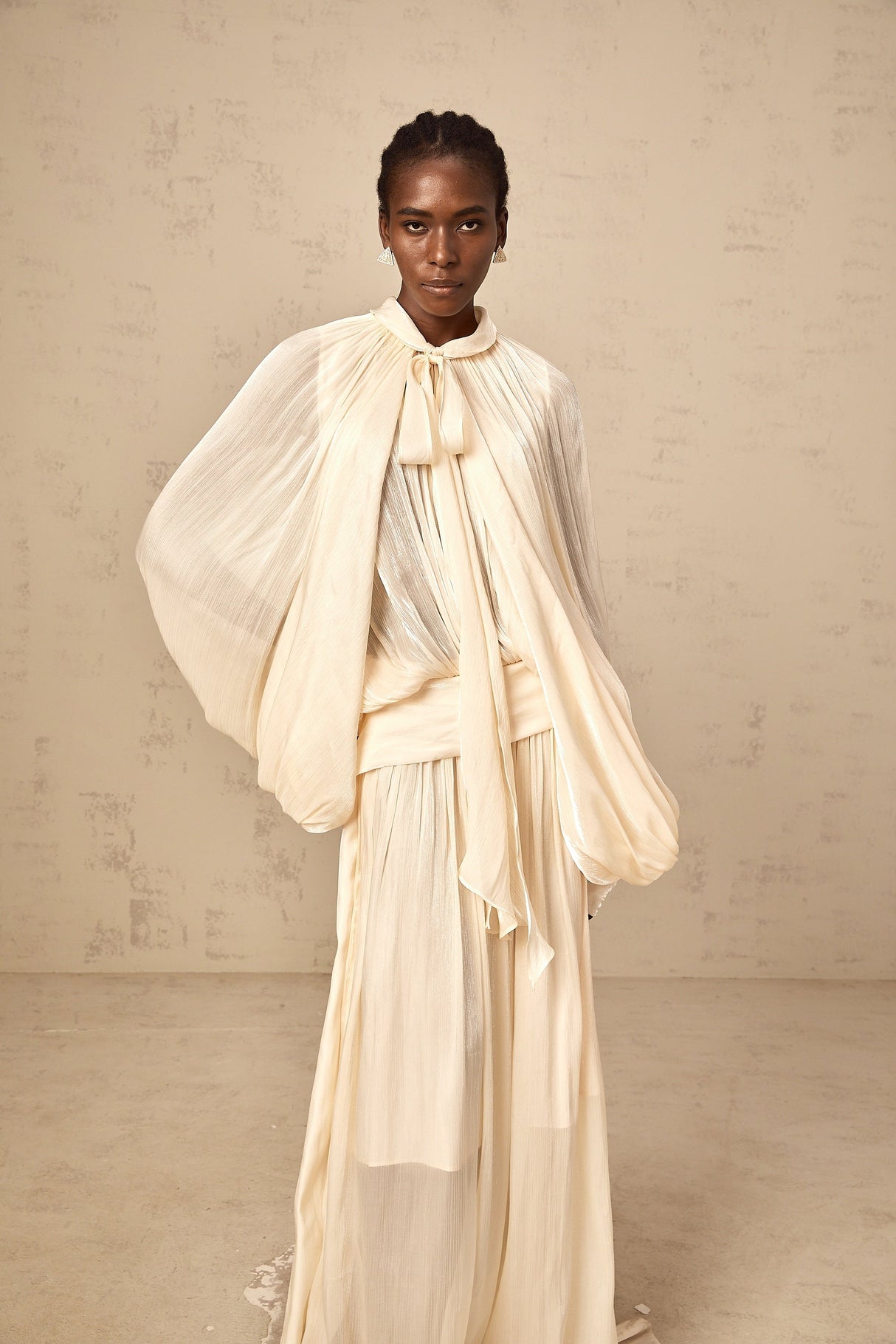 Aurohaya Mila pleated satin maxi dress in Neutrals
