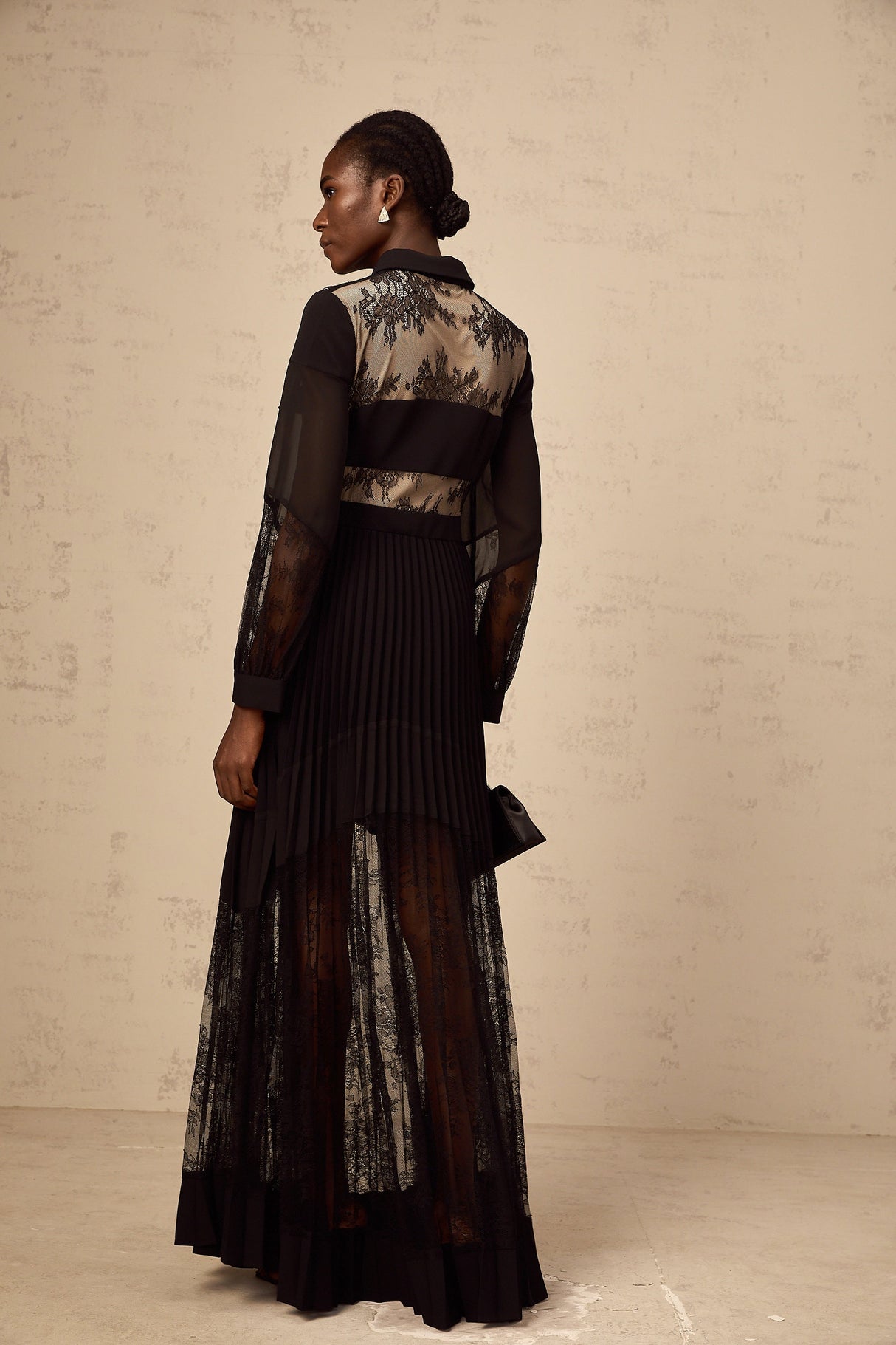 Aurohaya Ségolène black floral-lace-panel pleated maxi dress