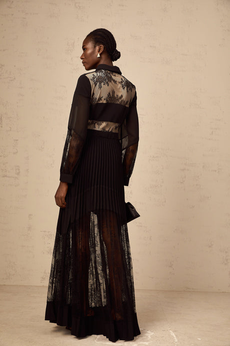 Aurohaya Ségolène black floral-lace-panel pleated maxi dress