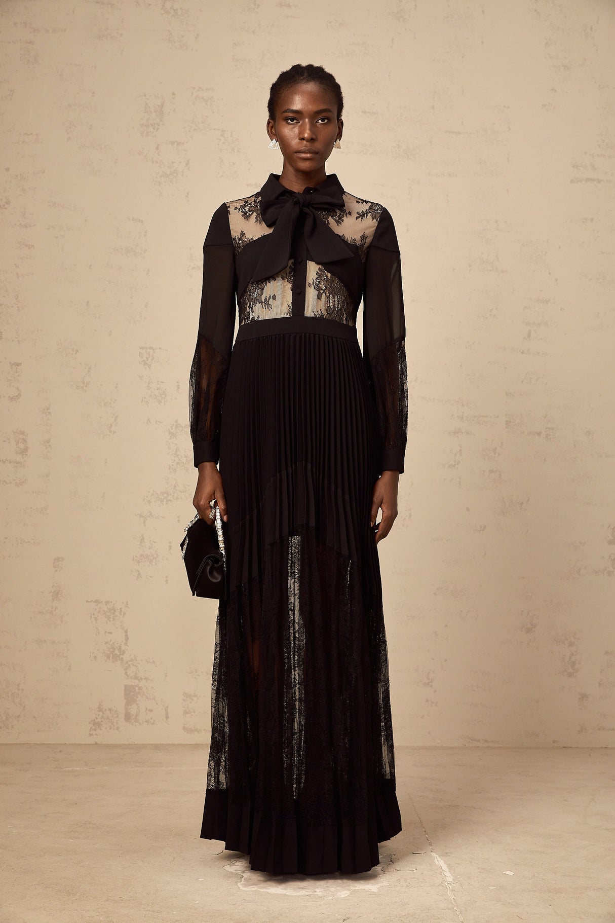 Aurohaya Ségolène black floral-lace-panel pleated maxi dress