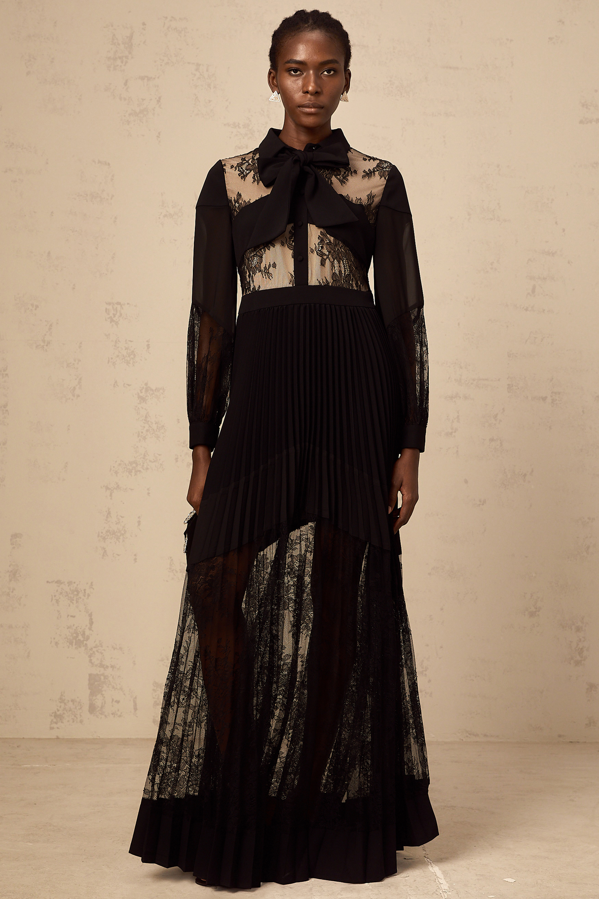 Aurohaya Ségolène black floral-lace-panel pleated maxi dress
