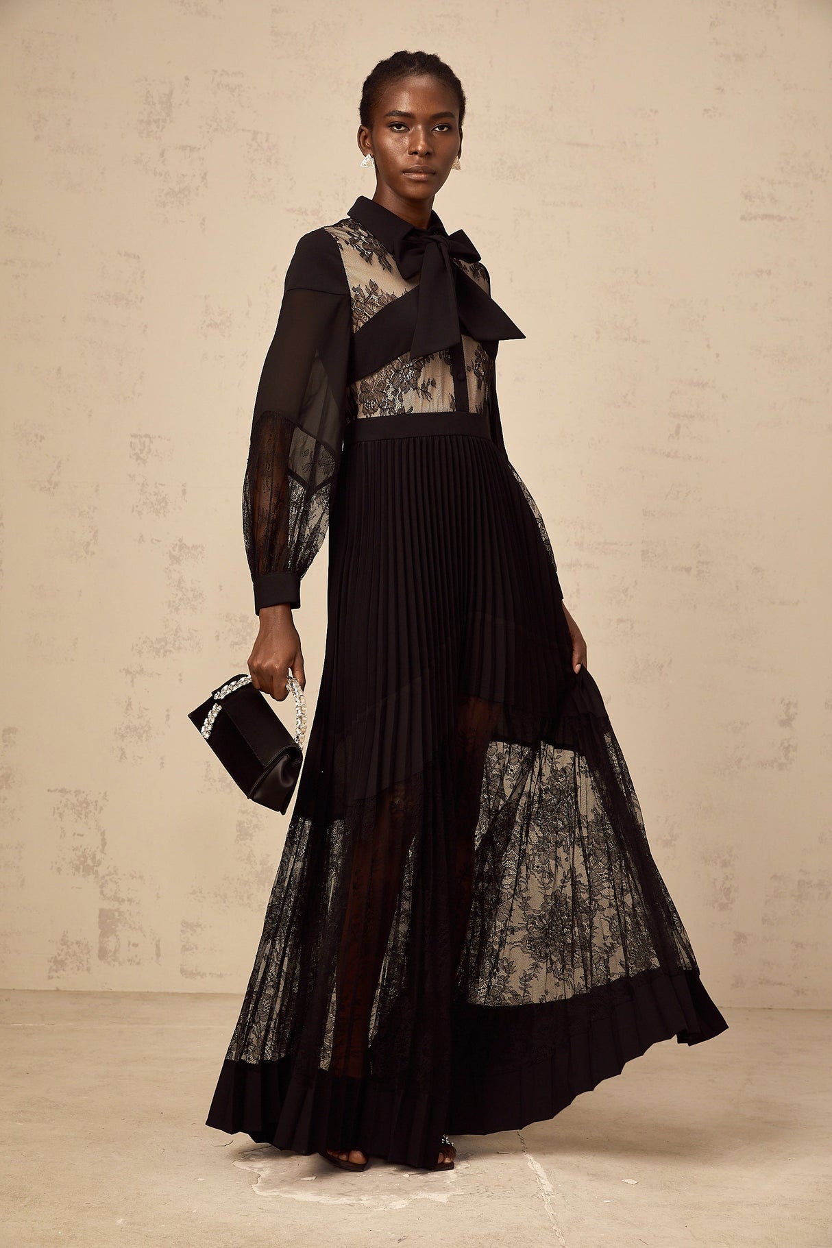 Aurohaya Ségolène black floral-lace-panel pleated maxi dress
